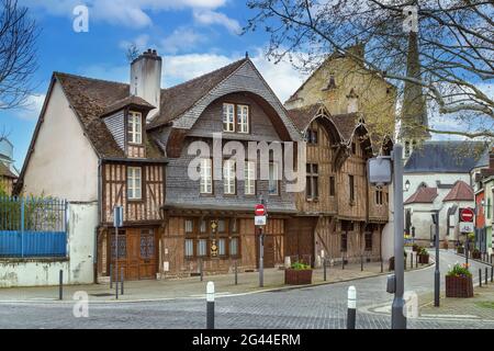 Street with historical half-timbered houses in Troyes Stock Photo