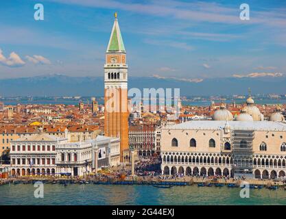 Aerial view of Doge's Palace and Campanile, Venice, Veneto, Italy Stock Photo