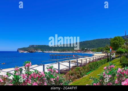 Panorama of beach at first line at Kemer, Antalya, Turkey Stock Photo