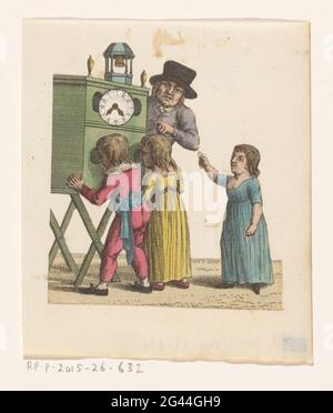 Three children for a viewing cupboard. A boy and a girl looking through the window of a viewing cupboard that has a bell and a dial on top. Next to the cupboard is the owner, a man with a hat, a girl who stands downstairs points to the viewing cupboard. Stock Photo