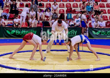 Russia, Vladivostok, 06/30/2018. Sumo wrestling competition among girls born in 2003-2004. Sumo is a traditional Japanese martia Stock Photo