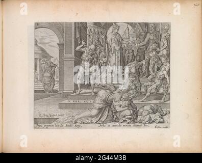 Queen Atalja let the king children kill; History of Joas and Queen Atalja; Theatrum Biblicum Hoc Est Historiae Sacrae Veteris et Novi Testamenti Tabulis Aeneis Expressae. Ataliah, who heard that her son had killed King Achazja, mission to kill all king children so that she can become queen. Soldiers kill the children on the stairs. On the left, Achazja's son Joas is saved by his aunt. On the stairs a reference to the Bible text in 2 could. 11: 1. At the bottom of the margin a verse in Latin about the show. This print is part of an album. Stock Photo