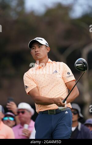San Diego, USA. 18th June, 2021. Collin Morikawa hits his tee shot on the 14th hole during the second round of the 2021 U.S. Open Championship in golf at Torrey Pines Golf Course in San Diego, California, USA on June 18, 2021. Credit: J.D. Credit: Aflo Co. Ltd./Alamy Live News Stock Photo