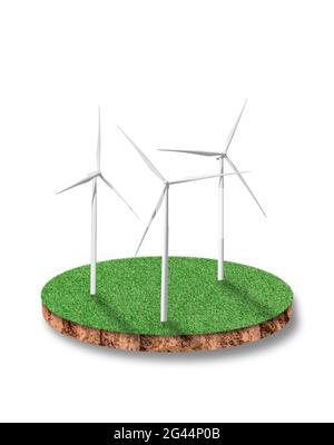 Soil round cross section with green grass field isolated on white ...