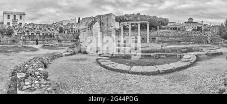 Black and white shot of tetraconch ruins in Library of Hadrian, Athens, Greece Stock Photo