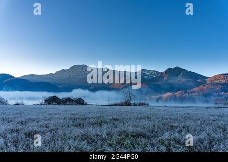 Three fishing huts on the Kochelsee in the morning light near Schlehdorf, Bavaria, Germany. Stock Photo