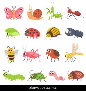 Cute insect set. Cartoon bug, beetle, butterfly, worm. Funny snail and ant. Happy smiling insect vector illustration set. Stock Vector