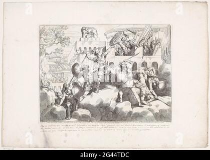The GAMIERs attacked the capitole; Mentre Li Galli Tenevano Assediato Il Campidoglio, Avendo Scoopto Un Luogo Meno Sc Scotso Della RUP (...); History of the Roman Empire; Frontespizio della Iistantia Romana. Gallic soldiers try to storm the Capitolheuvel. They are stopped by Roman soldiers. Stock Photo