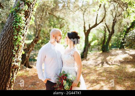 The bride and groom with a bouquet stand hugging among the trees in an olive grove Stock Photo