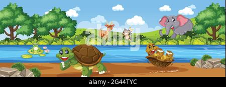 Panorama landscape with various wild animals in the forest illustration ...