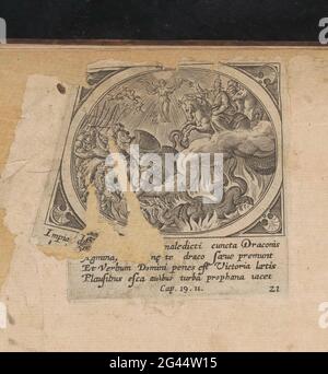 Battle between heavenly and earthly army, 1585 print An angel is in the ...