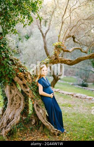 Smiling pregnant woman in a long dress stands with her back against a huge green tree covered with ivy Stock Photo