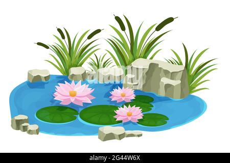 Lake with calm water, lily flowers, bulrush and stones in cartoon style isolated on white background. Outdoor natural pond. . Vector illustration Stock Vector