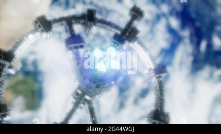 Highly detailed huge spaceship approaching to the Earth. Stock Photo