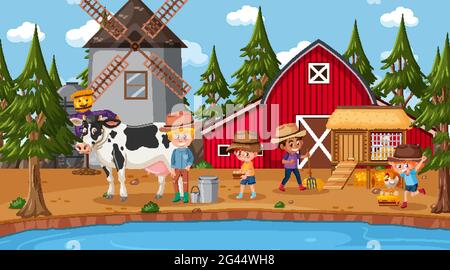 Farm scene with many kids and animals on the farm illustration Stock ...