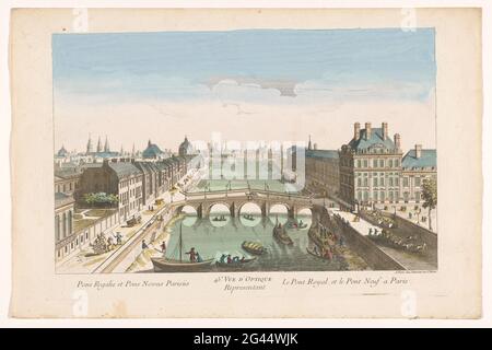 View of the Pont Royal across the River Seine in Paris, seen towards the Pont Neuf; 45th. Vue d'Optique Representant Le Pont Royal, et Le Pont Neuf a Paris. On the right the Palais des Tuileries. Numbered in the title: 45. Stock Photo