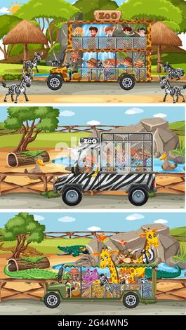 Set of different safari horizontal scenes with animals and kids cartoon character illustration Stock Vector