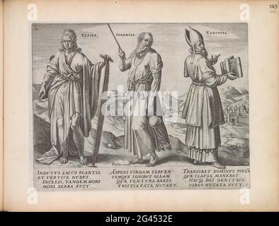 Isaiah, Jeremiah and Ezekiel; Twelve prophets; Theatrum Biblicum Hoc Est Historiae Sacrae Veteris et Novi Testamenti Tabulis Aeneis Expressae. The prophets Isaiah, Jeremiah and Ezekiel are located next to each other in a landscape. Isaiah holds a book under arm and holds a saw in his hand, Jeremiah loves a staff and jug in the hands, Ezekiel keeps the temple in his hand, which he saw in a vision. Under the show explanations in Latin. This print is part of an album. Stock Photo