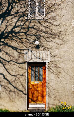 Wooden brown door with rectangular windows in the building under the window and with a night lamp. Stock Photo