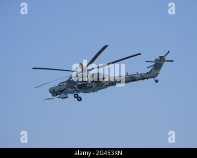 ZHUKOVSKY, RUSSIA - SEPTEMBER 01, 2019: Demonstration of the Mi-28 attack helicopter of the Russian Air Force at MAKS-2019, Russ Stock Photo