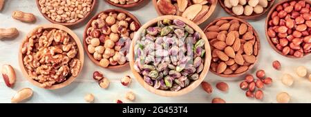 Nut panorama. Various nuts, shot from the top on a rustic background Stock Photo