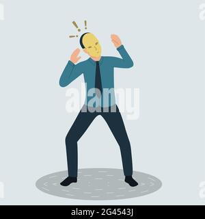 Vector illustration of a frightened businessman wearing a theater mask. The mysterious man hides his identity under a mask. Fear Stock Photo