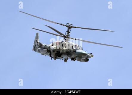 ZHUKOVSKY, RUSSIA - SEPTEMBER 01, 2019: Demonstration of the Kamov Ka-52 Alligator attack helicopter of the Russian Air Force at Stock Photo