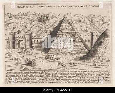 Pyramid of Cestius in Rome; Pyramis Aut Sepulchrum C Cestii Prope Porta S Pauli; Antique monuments; Antiquae Urbis Splendor; MAGESYN DER ITALIAN BUILDINGS. View of the pyramid of Cestius, the Aurelian wall and the Porta San Paolo in Rome. Text in Latin in undermarge. The print is part of an album. Stock Photo
