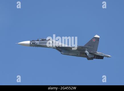 Moscow Russia Zhukovsky Airfield 31 August 2019: aerobatic Su-30 perfoming demonstration flight of the international aerospace s Stock Photo