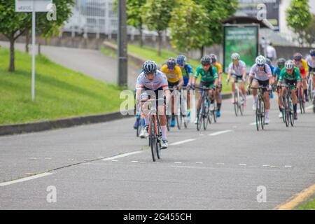 Pereira, Colombia. 18th June, 2021. Colnago Women team cyclist participates in the Women's Colombian National Road Race Championship in the streets de Pereira, Colombia on June 18, 2021 Credit: Long Visual Press/Alamy Live News Stock Photo