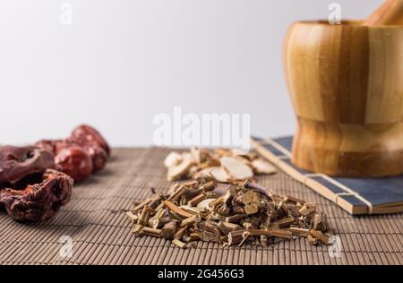 Chinese Herbal Medicine on the table. Stock Photo