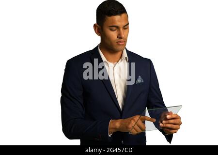 Businessman holding a transparent portable device Stock Photo