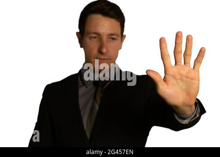 Businessman using interactive touchscreen Stock Photo