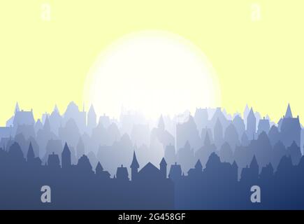 Small town streets silhouette. Roofs of houses. Sunrise. Country landscape. Flat cartoon style. illustration. Vector art Stock Vector