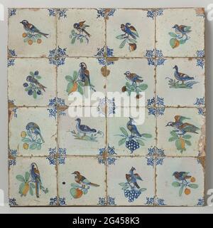 Field of sixteen tiles with birds. Field of sixteen tiles (4 x 4) each with a multicolored (blue, green, yellow, orange and purple) bird on a branch with berries. In the corners, an oxen head. Stock Photo