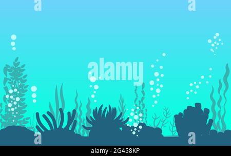 Bottom of reservoir with fish. Silhouette. Blue water. Sea ocean. Underwater landscape with plants, algae and corals. Illustration in cartoon style Stock Vector