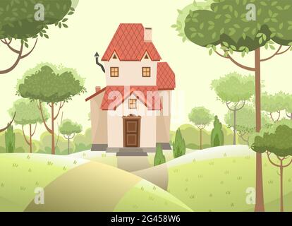 Cartoon house in the woods among the trees. Hills and road. A beautiful, cozy country house in a traditional European style. Cute funny homes. Forest Stock Vector