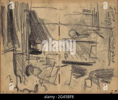 Figures with an organ. Page 37 and page 38 from an agenda with 80 sheets used as a sketchbook. Stock Photo