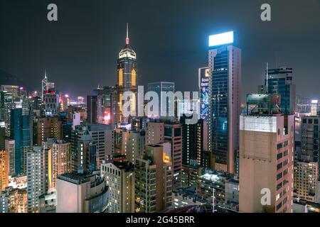 The amazing night and sunset view of cityscape and skyscrapers in Hong-Kong Stock Photo