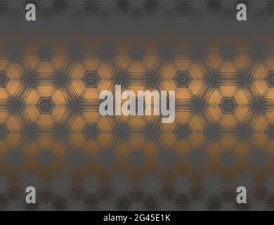 Geometric abstract dark gray with metallic copper tint textured hexagon kaleidoscope pattern. Seamless symmetric ornament for digital paper, wallpaper background design. Vector illustration. Stock Vector