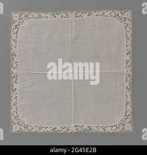 Handkerchief of batist with an embroidered monogram 'ET' and finished  around with a border of needle lace, Handkerchief of batist with an  embroidered monogram 'ET' and finished around with a border of