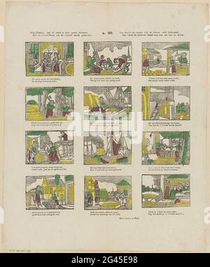Looks, little ones, what already raers you have this print, / how trading is driven in different box, / so the noest VLYT in everyone's styrs are awarded, / so the smallest position still finds something to live. Leaf with 12 performances of artisans and professions, such as Smid and Carpenter. Under each image a two-legged fresh. Numbered in the middle above: n. 99. Stock Photo