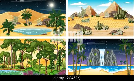 Four different nature horizontal scenes illustration Stock Vector