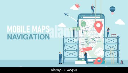 Mobile map apps concept banner illustration Stock Vector
