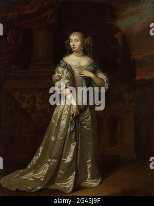 Portrait of Philippina Staunton, Wife of Roelof van Arkel (1632-1709), Lord of Broeckhuijsen; Portrait of Lady Philippina Staunton, Wife or Roelof van Arkel, Lord of Burgst. Portrait of Lady Philippina Staunton (deceased 1723), wife of Roelof van Arkel, Lord of Broeckhuijsen. Full of feet for a balustrade overlooking a garden. Links a relief with putti and other figures. Stock Photo