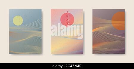 Japanese background set cards with line wave pattern vector illustration. Colorful gradient Abstract template with geometric pattern. Mountain layout Stock Vector