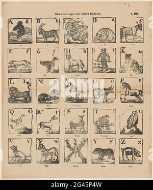 Alphabet with animals. Leaf with 25 representations of the letters of the  alphabet illustrated with animals whose words start with the relevant letter.  Under each image a caption in Dutch and in