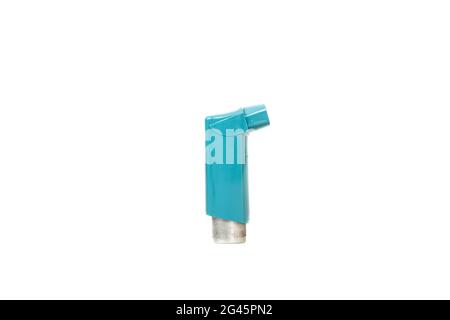 Close up of a blue asthma inhaler isolated on the white background Stock Photo