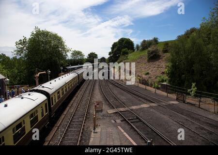 Severn Valley Railway, Bridgnorth Station, Shropshire. 4th June 2021. Steam train, passenger carriages, platform and passengers at Bridgnorth Station. Stock Photo