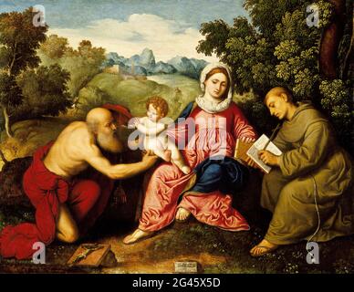 Paris Bordone -  Madonna and Child with Saints Jerome and Francis Stock Photo